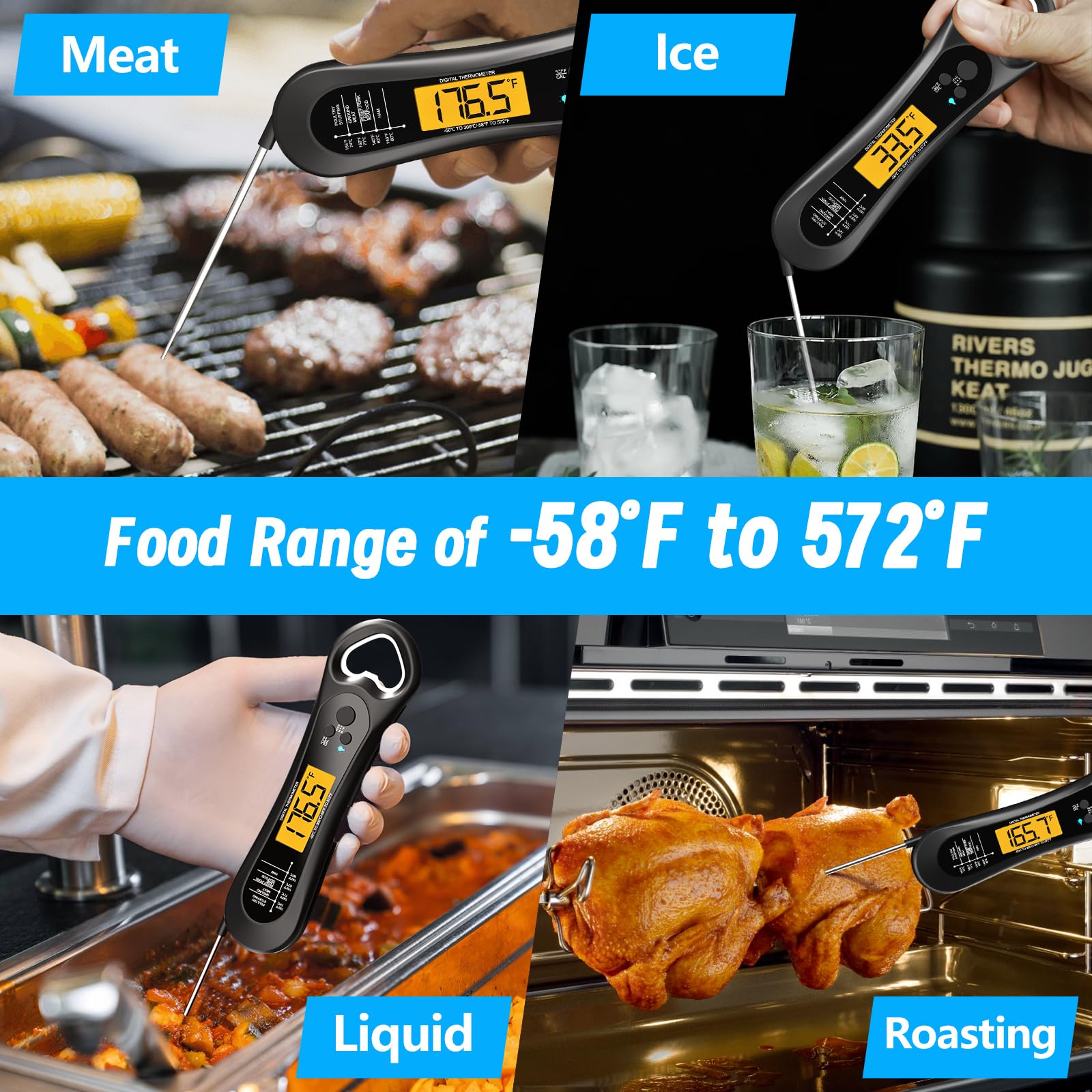 Digital Meat Thermometer for Cooking, Biison Wireless Instant Read Meat Thermometer Waterproof, Backlight, Ultra-Fast Accurate and 180° Folding Probe Kitchen Thermometer for Turkish/Grill
