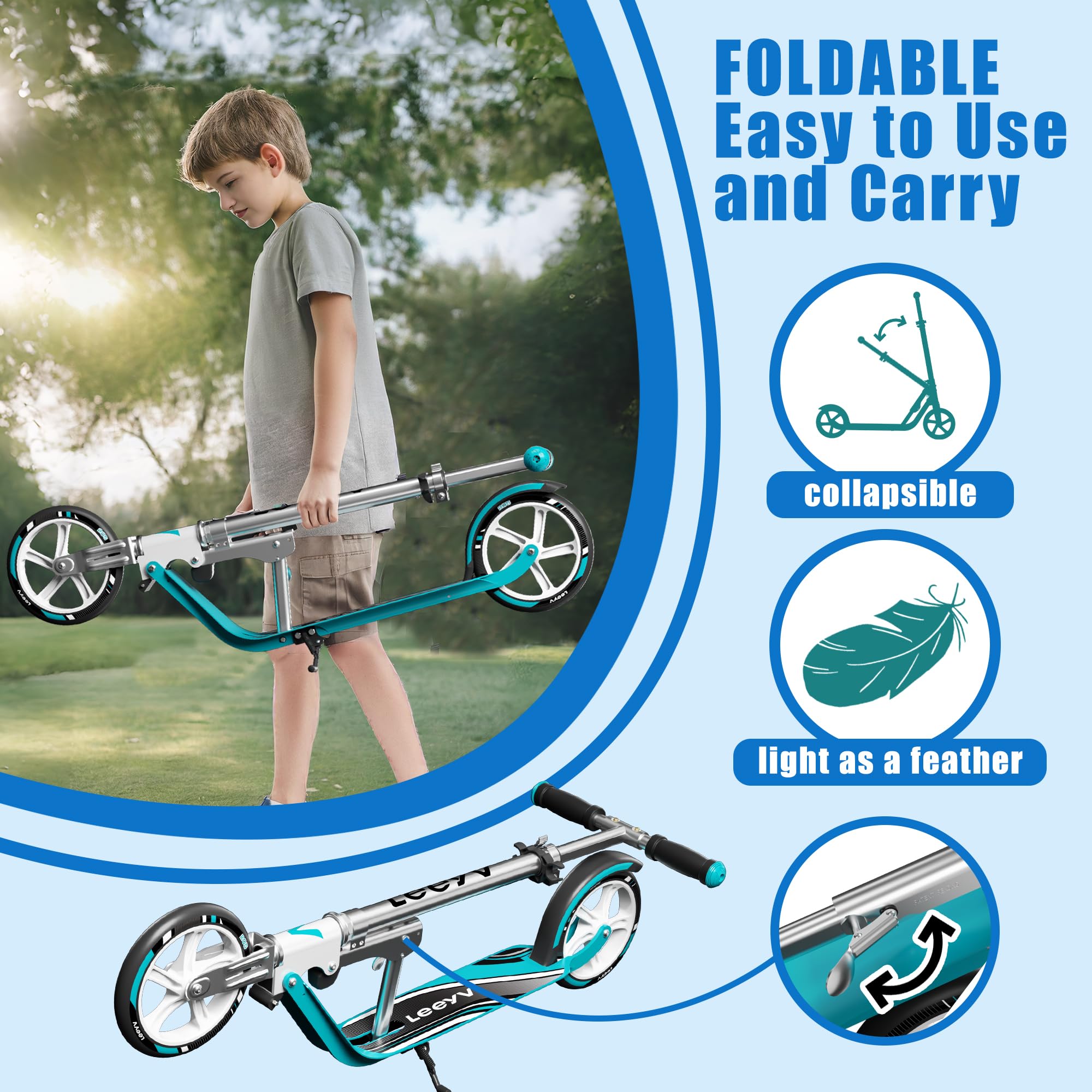 Scooter for Kids 6-12 & Adults | Holds Up to 240lbs, Foldable, Lightweight Aluminum Frame | Adjustable Height | Smooth Ride on Any Terrain