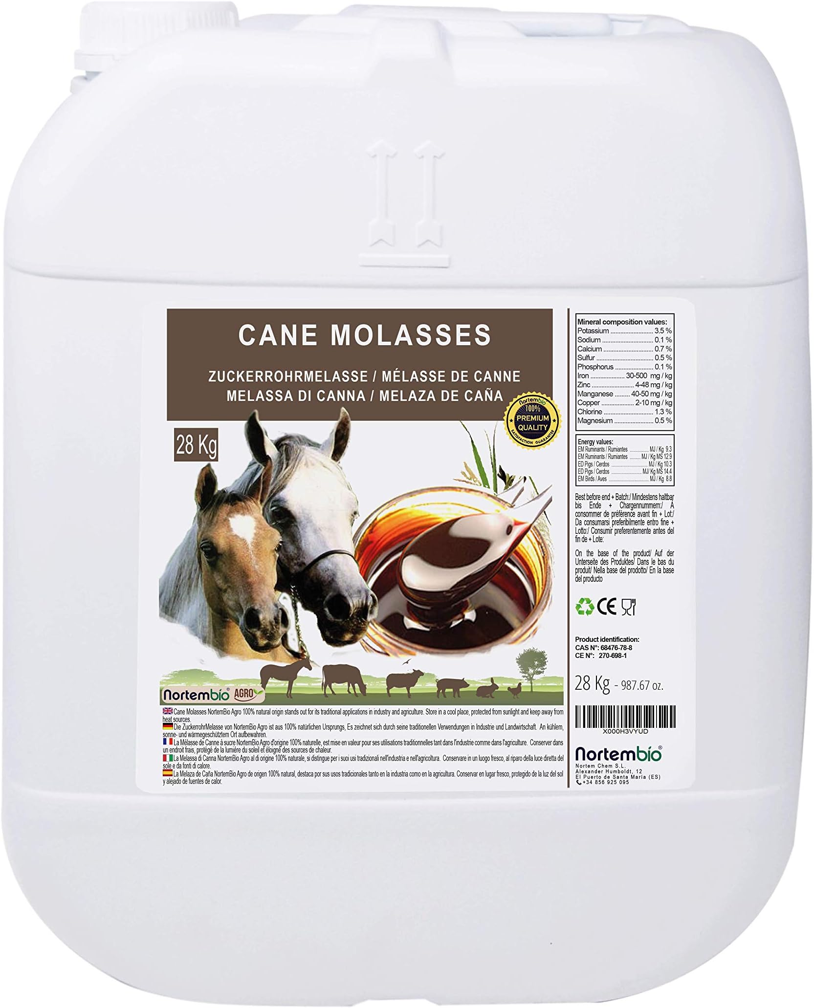 Cane Molasses 28 kg, High Energetic Value Complement, Animal Use, Recommended for Horses. CE-Product