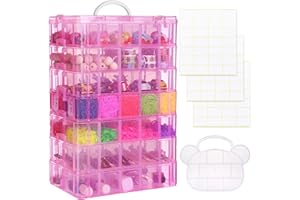 QUEFE 7-Tier Pink Stackable Storage Container, 70 Adjustable Compartments Craft Organizers and Storage Box with Handle for Kids Toys, Art Crafts, Jewelry, Supplies, Fuse Beads, Washi Tapes