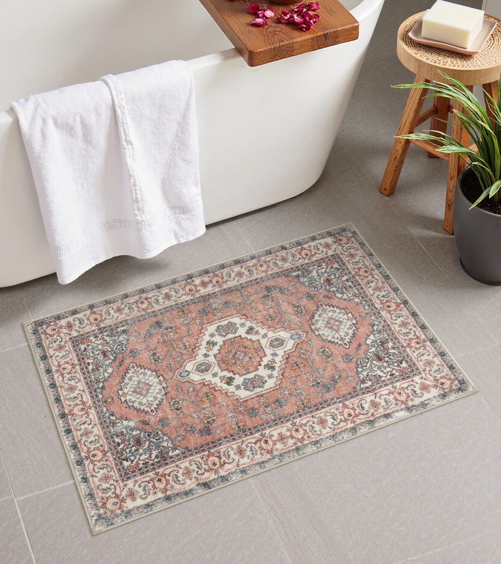 Photo 1 of Seavish Vintage Bathroom Rugs, 18x26 Inch Boho Coral Soft and Absorbent Bath Mat, Small Non Slip Washable Plush Microfiber Bathroom Rug for Sink Shower Vanity, Oriental Toilet Rug