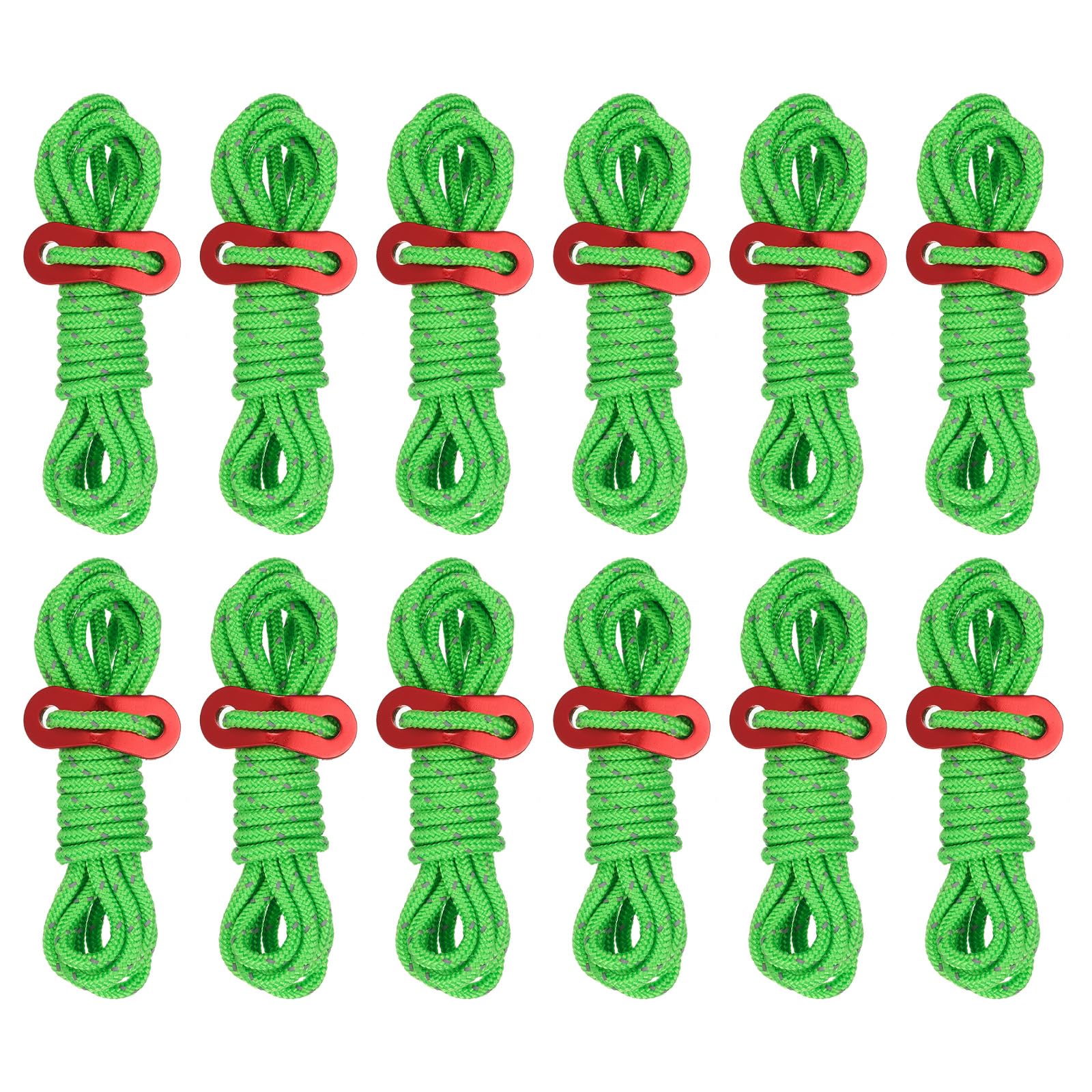 PATIKIL 4mm Tent Rope, 12 Pack 6.5ft Reflective Guyline Cord Tied Downs Rope Paracord Cord Camping Ropes with Red Aluminum Cord Adjusters for Camping Hiking Tent, Green
