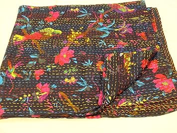 Bird Print King Size Kantha Quilt Black Kantha Blanket, Bed Cover, King Kantha Bedspread, Bohemian Bedding Kantha Size 90 Inch X 108 Inch