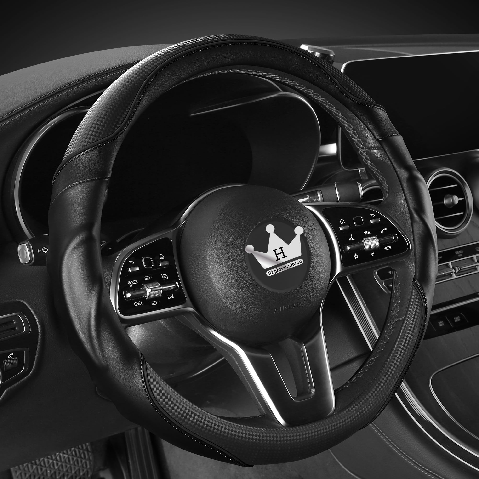 Photo 1 of HighnessHwoo 3D Car Steering Wheel Cover Comfort Grip Massage Sporty Anti-Slip Carbon Fiber Faux Leather for F150, Trucks, Jeep, Van, Car Handle Covers for All Seasons, 15.2-16in, Black