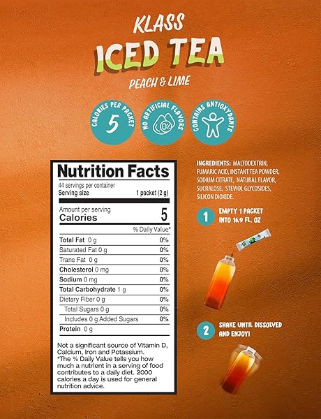 KLASS ICED TEA DRINK MIX – SUGAR FREE VARIETY PACK – PEACH & LIME BLACK TEA ON-THE-GO! (44 COUNT POWDER STICK PACKS) 5 CALORIES PER PACKET