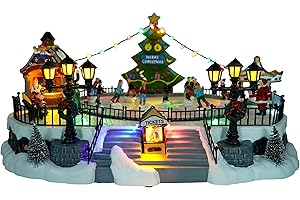 YQQY Skating Christmas Village - Animated Musical Winter Snow Village with 7 Moving Skaters - Indoor Decorations for Home Tabletop Gift