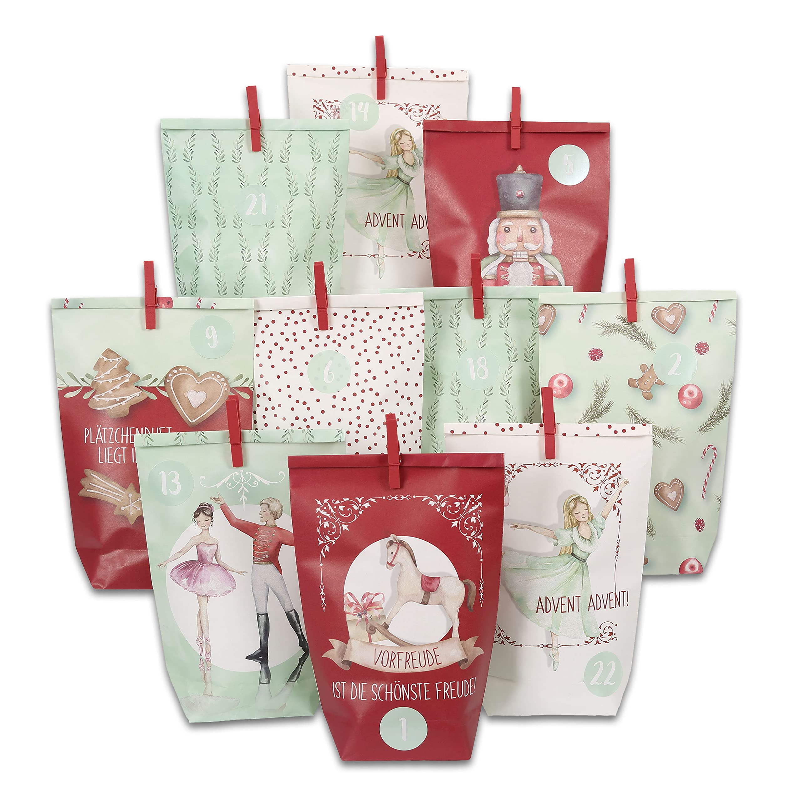 Papierdrachen Advent Calendar for Filling, 24 Red and Mint Printed Gift Bags and 24 Number Stickers and Clips, Nutcracker Motif, for Crafts and Gifting, Christmas