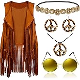 Frienda 6 Pcs 60s 70s Outfit for Women Hippie Halloween Costume Set Peace Sign Earring Headband Fringe Vest Tassel Cardigan