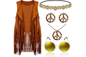 FRIENDA 6 Pcs 60s 70s Outfits for Women Hippie Costume Set Peace Sign Earring Headband Fringe Vest Tassel Cardigan