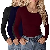 Riyiper 3 Pack Women's Long Sleeve Reversible Shirts Scoop Neck Deep V Neck Tops Slim Fit Undershirts Fall Stretchy Layer Tee