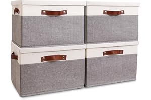 HOdo Home Fabric Storage Bin with Lid and 2 Bold Handles, Collapsible Large Canvas Storage Baskets for Organizing Shelf Nursery Home Closet (White&Grey, 15L×11W×10H - 4Pack)