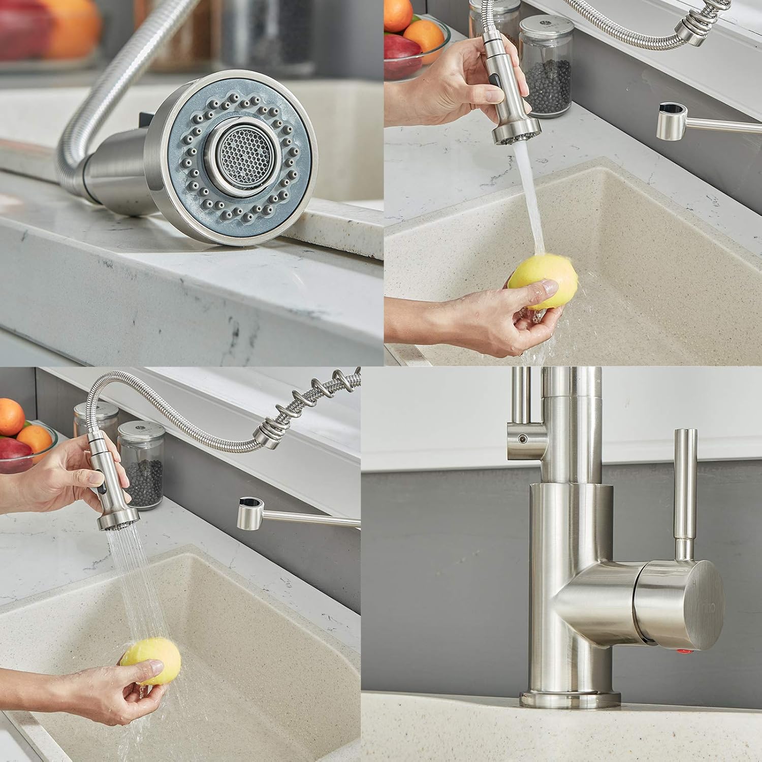 Friho Lead-Free Commercial Brushed Nickel Stainless Steel Single Handle Single Lever Pull Out Pull Down Sprayer Spring Bar Sink Kitchen Sink Faucet, Brushed Nickel Kitchen Faucets - - 