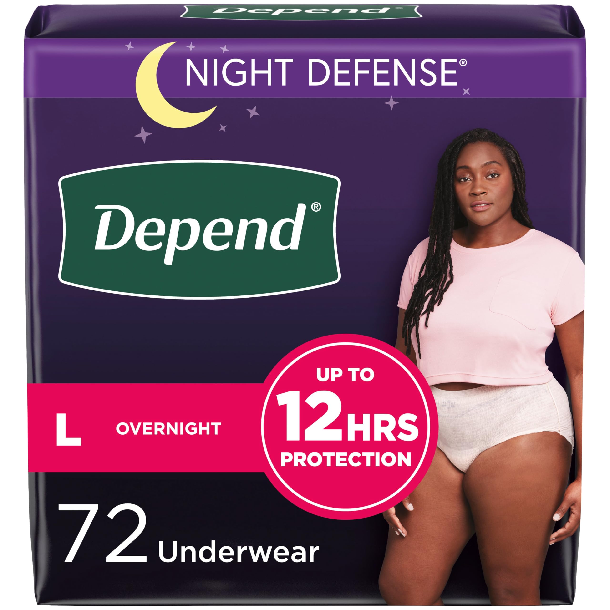Photo 1 of Depend Night Defense Adult Incontinence & Postpartum Bladder Leak Underwear for Women, Disposable, Overnight, Large, Blush, 72 Count, Packaging May Vary