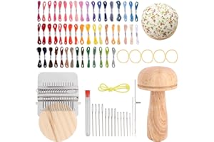 Mini Darning Loom, Mushroom Knit Kit with 14 Hooks Small Weaving Loom 14 Needle 50 Color Threads Portable Sewing Weaving Repa