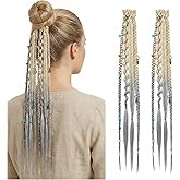 ZShireeyBlackey 2Pcs Boho Clip in Braid Hair Extensions for Women, 16" Viking Dreadlock with Beads & Charms, Seamless Braided Hairpieces for Festival Cosplay Daily, Light Blonde to Grey