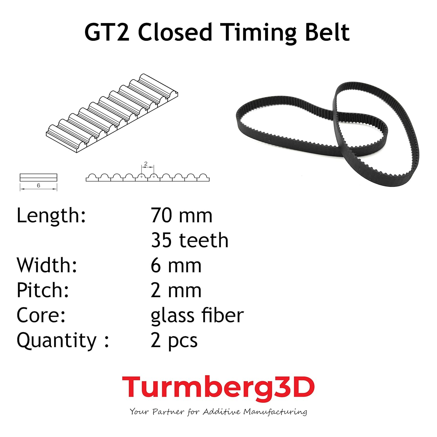 Correa de distribución GT2 cerrada 6 mm ancho por 2 pieza (70mm)