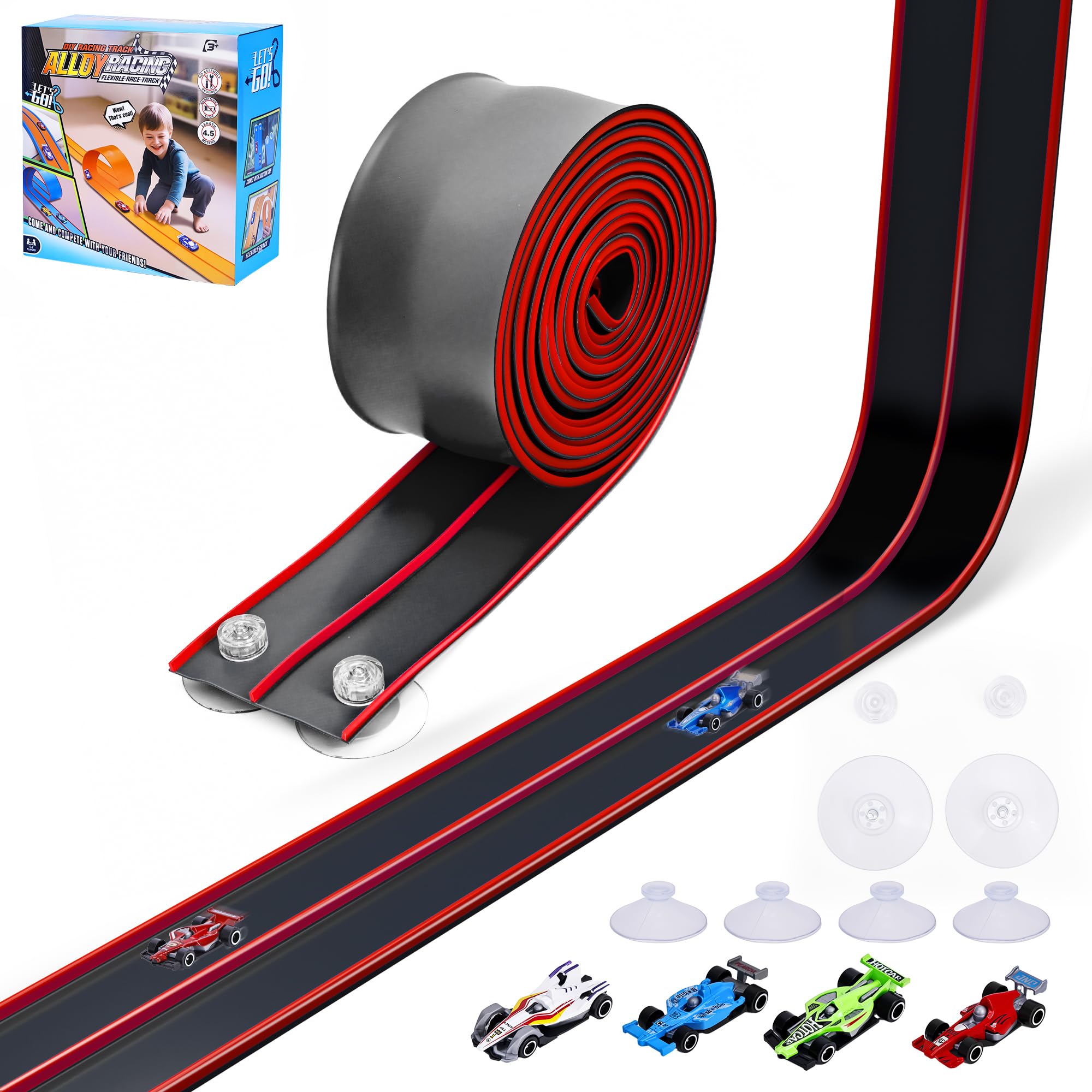 4.5m Flexible Race Car Track for Kids, Double-Sided Racetrack and Dual Racetrack,Compatible with 1:64 Diecast Cars, Portable Roll Up Track Toy for 3 4 5 6 7 8 Year Old Boys (Black Red)