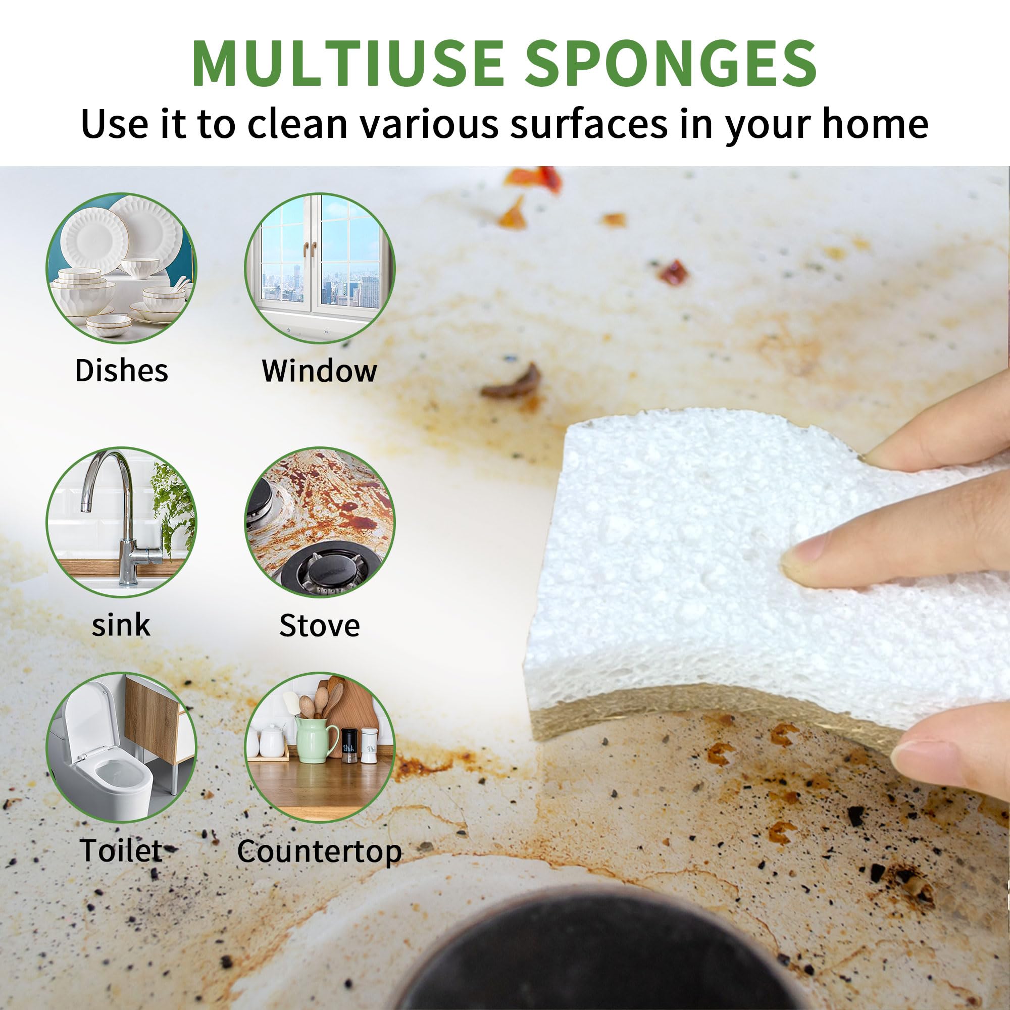 9 Pack Biodegradable Natural Kitchen Sponge - Compostable Cellulose and Coconut Walnut Scrubber Sponge - Eco Friendly Sustainable Sponges for Dishes