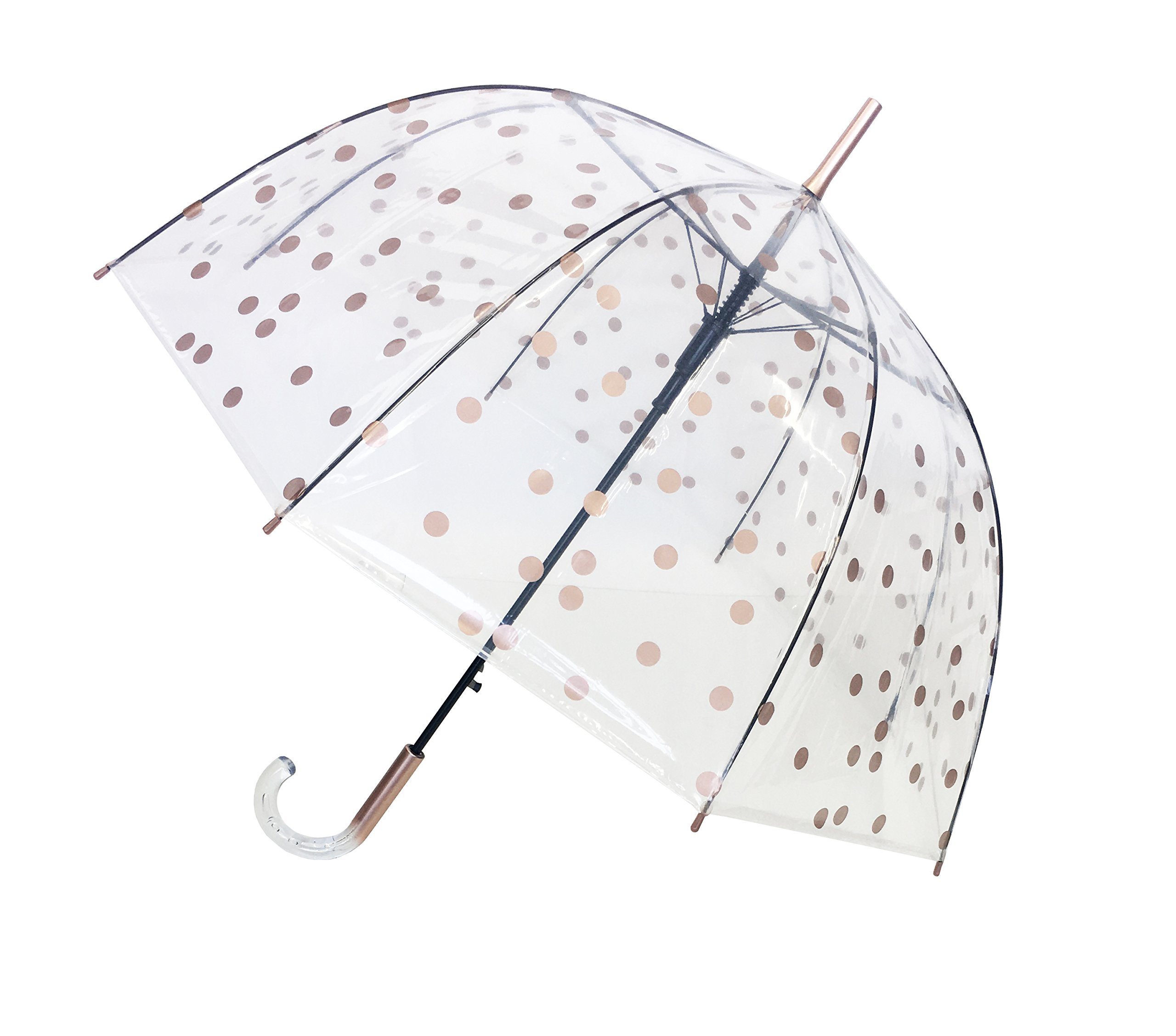 SMATI Lady’s Clear Birdcage Umbrella in Coppery Metallica color Dots, Transparent, Windproof, Auto Open, Crystal Style Handle, French Design, Dome Shape Umbrella