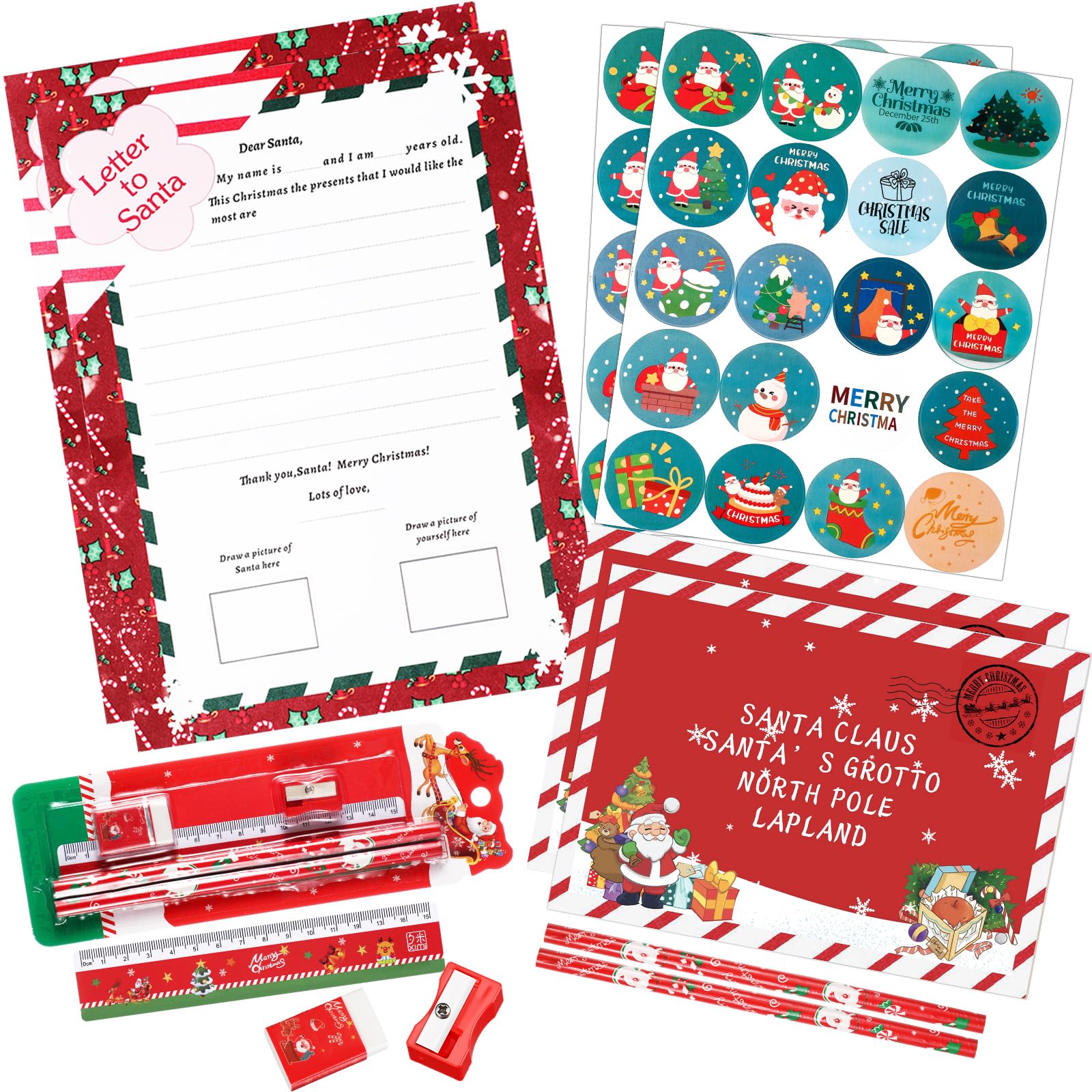 Clabby 8 Pcs Letter to Santa Kit Father Christmas Writing Set Includes Envelopes, Sticker Sheet, Dear Santa Letter and Stationery Supplies for Kids