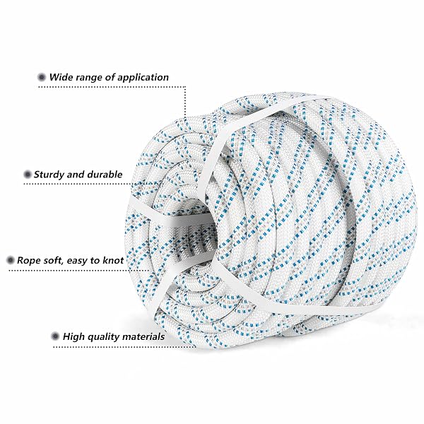 HIGH STRENGTH BRAID ROPE PULLING CORD POLYESTER ARBORIST LINE MULTIPURPOSE BULL RIGGING 5/8 INCH X 150 FEET WHITE GREY BLUE