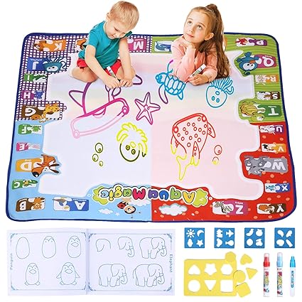 amzdeal Aqua Doodle Zeichnen Matte Wasser Doodle Matte 78 x 78cm, Wasser Zeichnen Malmatte mit 3 Magic Stifte und Stempelset,