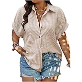 SOLY HUX Women's Plus Size Plaid Button Down Shirts Gingham Collared Short Sleeve Casual Summer Blouse Tops