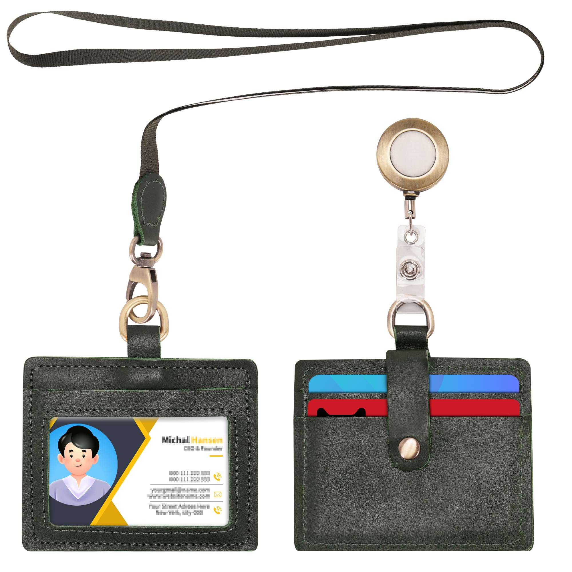 Wonderpool Leather Horizontal Badge Holder with Detachable Neck Lanyard and Retractable Badge Reel Clip, Card Slots Case ID Card Holder for ID Badges Card and Driver Licence (Green)