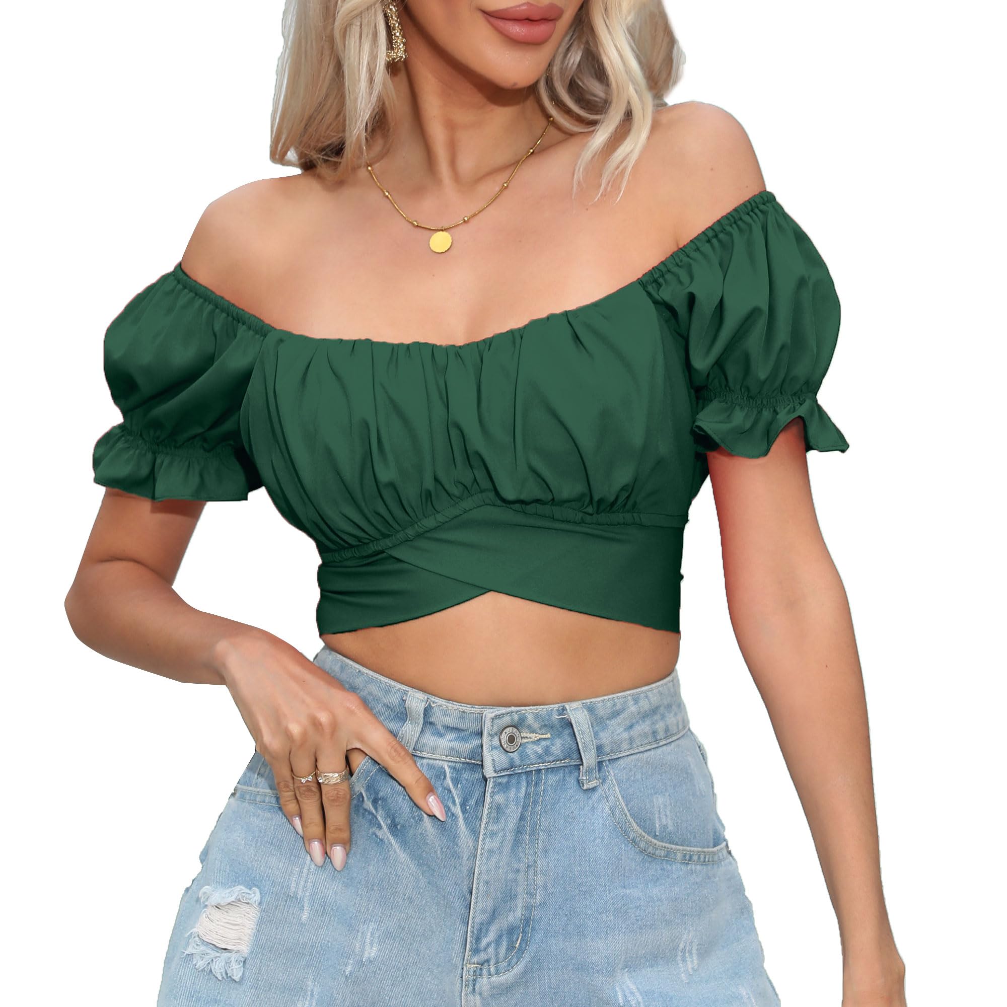 COOUFE Women's Crop Tops Ruffle Short Sleeve Tie