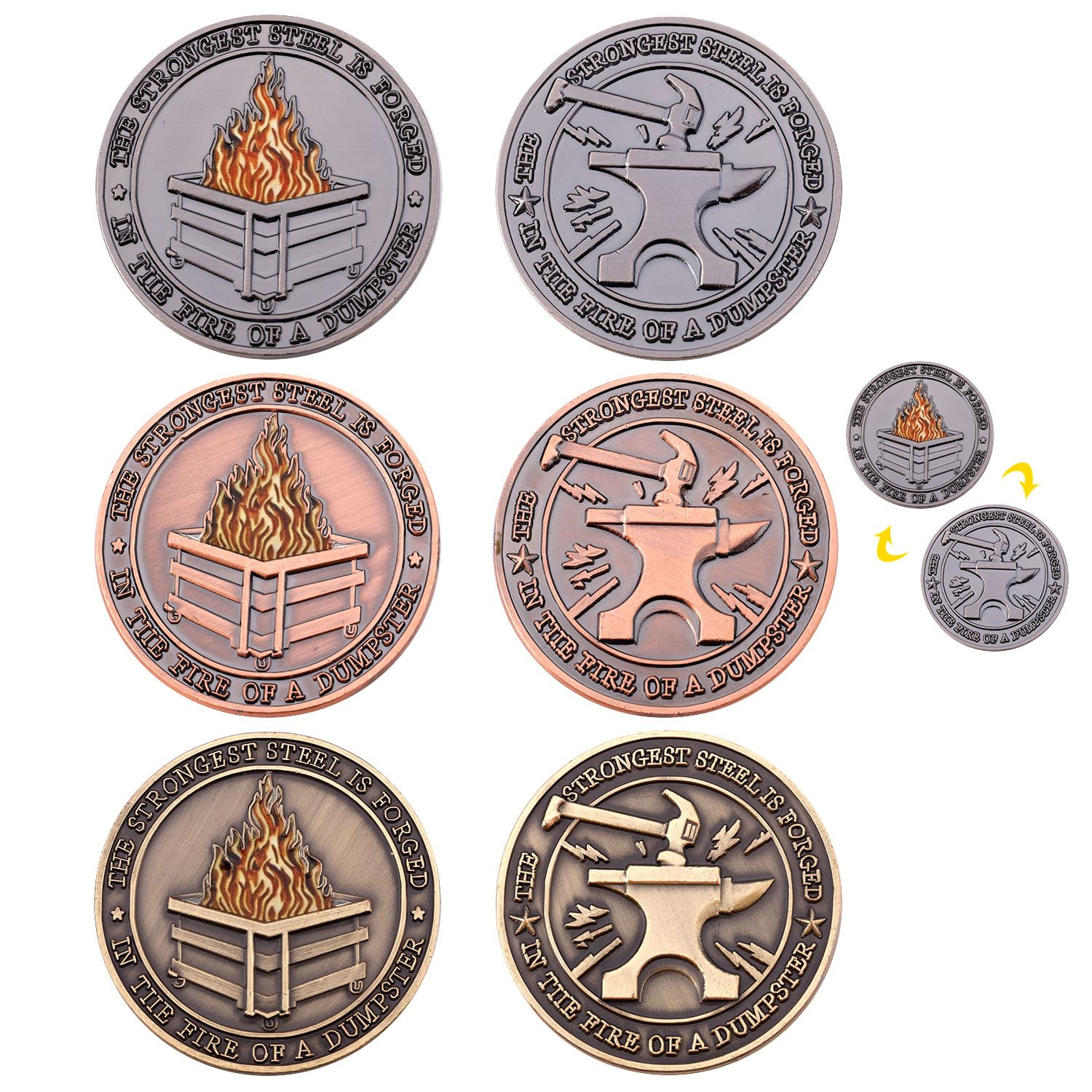 6pcs Dumpster Fire Desk Accessories, Zinc Alloy Dumpster Fire Challenge Medallion Double Side Carved Dumpster Fire Coin Exquisite Challenge Coin for Award Ornament Supplies (Gold, Silver, Rose Gold)
