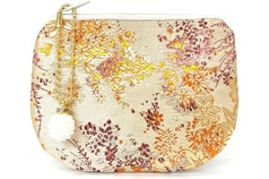 GOLDEN AMY Handmade Jewelry Pouch Women Coin Purse Brocade Zipper Wallet Silk Makeup Bag - Wheat