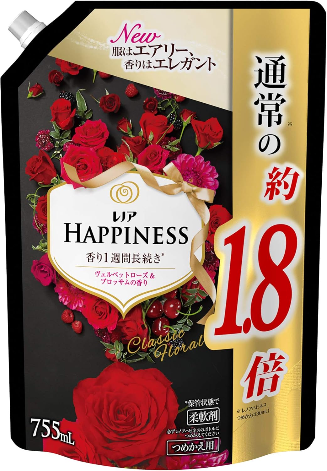 Amazon レノア ハピネス 柔軟剤 ヴェルベットローズ ブロッサム 詰め替え 約1 8倍 755ml レノア 液体柔軟剤