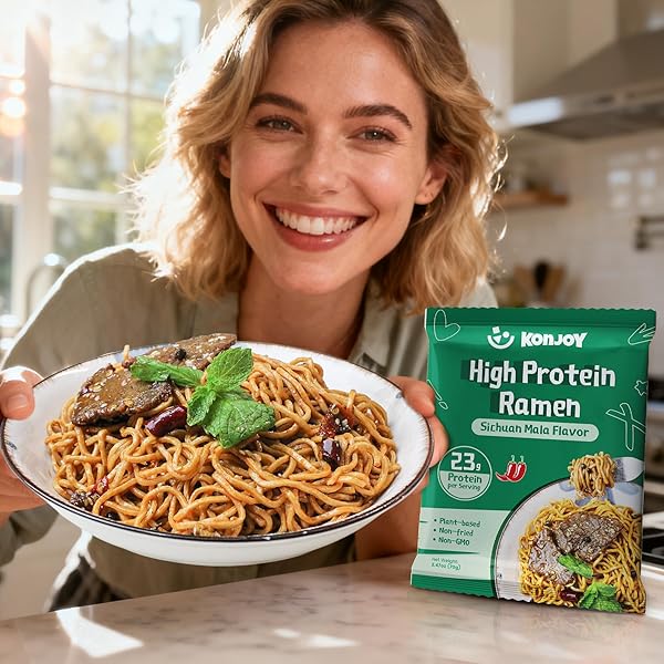 KONJOY HIGH PROTEIN RAMEN (23G), PLANT-BASED VEGAN RAMEN NOODLES WITH SICHUAN MALA SAUCE, NON-GMO, NON-FRIED, LOW FAT, HIGH-PROTEIN HEALTHY MEAL – 5 PACK