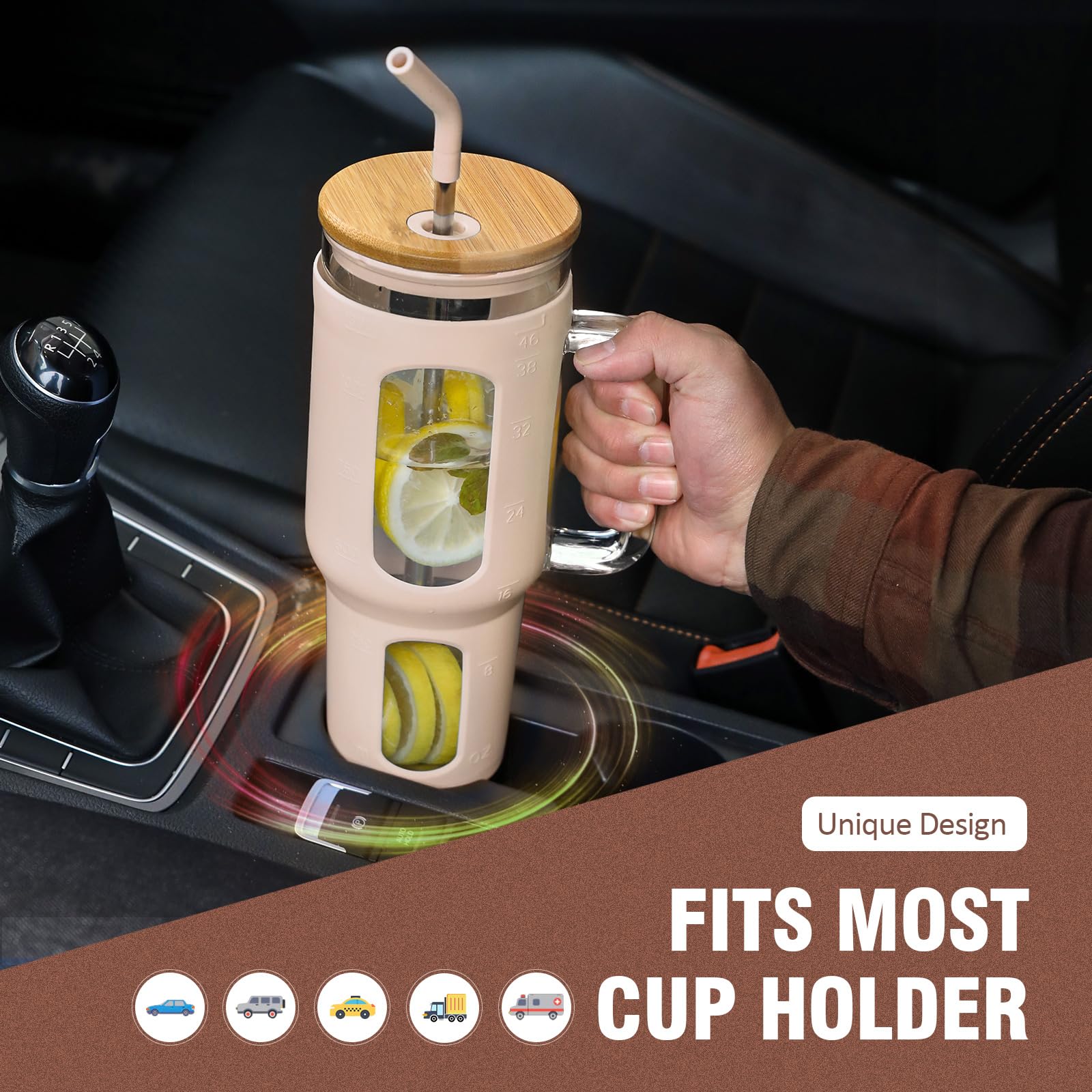 BLUEGO Tumbler becher mit Deckel und Strohhalmen, 1400ml Kaffeebecher To Go mit Henkel, Trinkbecher mit Silikonhülle, 1,4 L Tumbler becher mit 2 Strohhalmen, BPA-frei, Amber 4