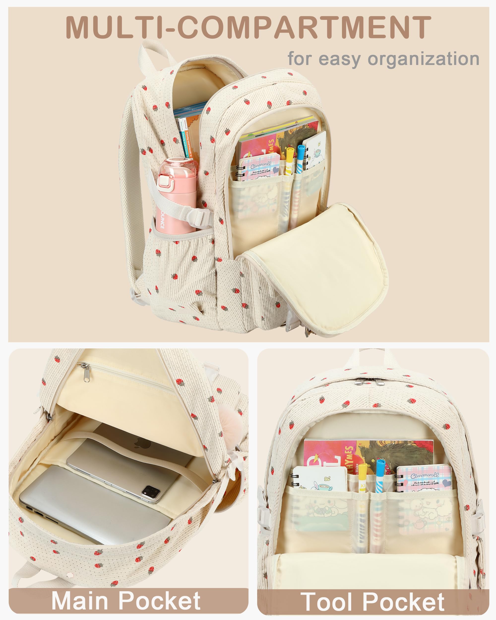 School Backpack for Teens Girls Women 15.6 Inch Laptop College Backpacks Corduroy Work Bag Kids Elementary Middle High Campus Bookbag Students Pack Travel Daypack Womens - Beige Strawberries