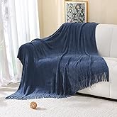 FULFCLVR Chenille Throw Blanket for Couch, Soft Cozy Knitted Boho Blanket for Bed, Lightweight Spring Fall Throw with Tassel, 50x60 (Navy)