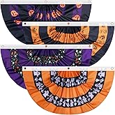 4 Pcs Halloween Bunting Flags for Outside 3 x 1.5 ft Pleated Half Fan Flag Hanging Banner Outdoor with 3 Grommet for Halloween Porch Garden Yard Holiday Indoor Home Decorations, Black Orange