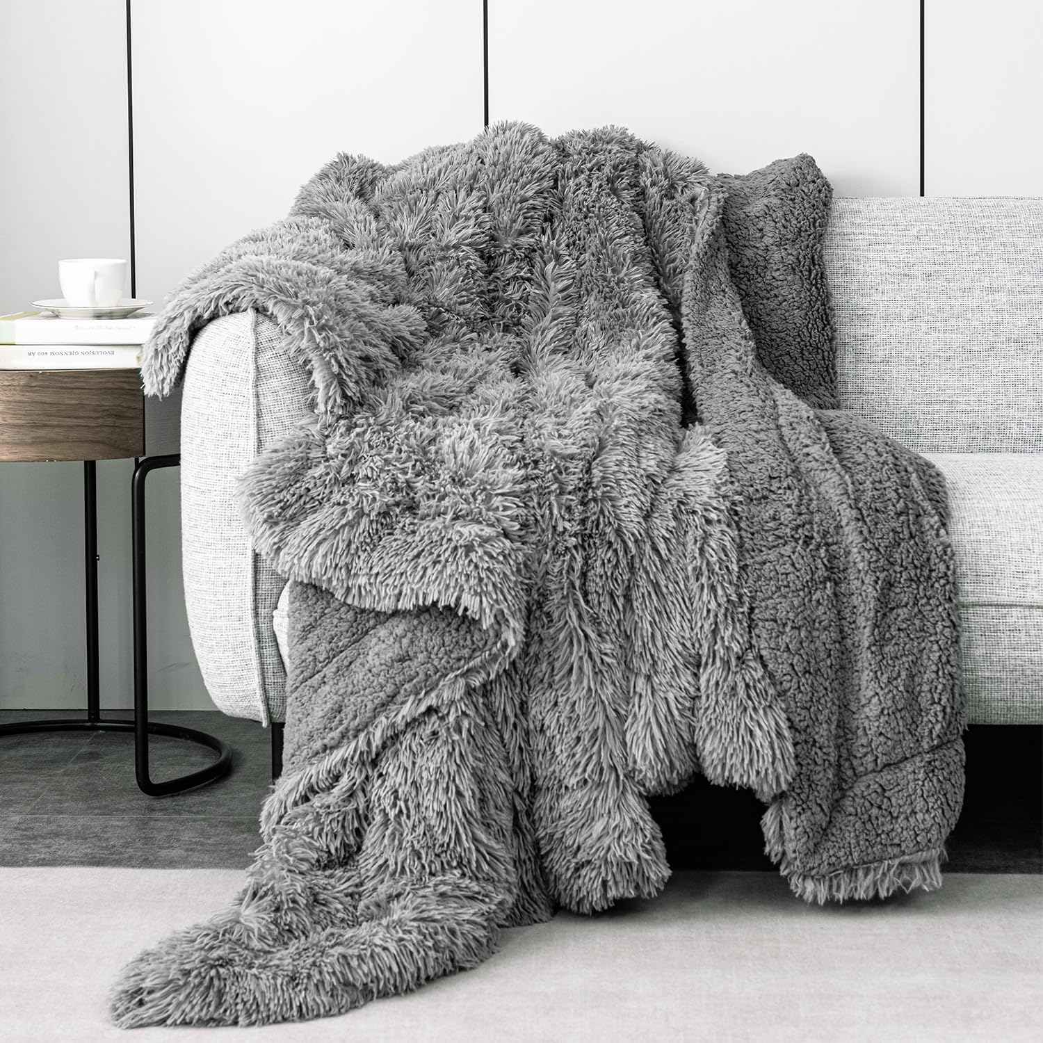 Photo 1 of Pawque Faux Fur Blankets Twin Size 50x60 inches, Super Soft Fuzzy Fluffy Blanket, Warm Thick Sherpa Long Hair Shag Reversible Lightweight Cozy Throw for Bedroom Sofa Couch, Grey