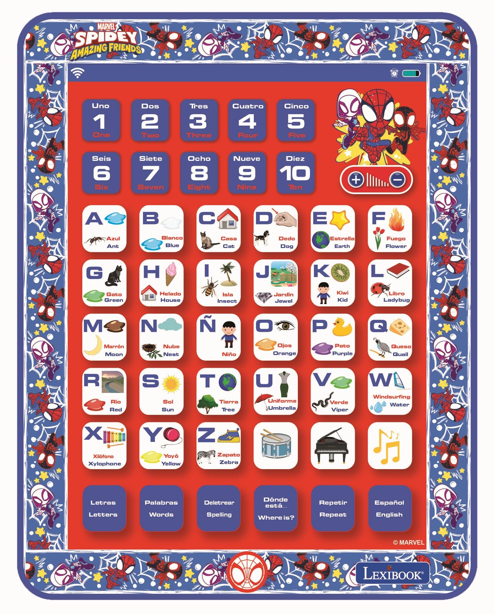 LEXIBOOK, Spidey and His Amazing Friends, Educational Bilingual Learning Tablet, Toy to learn alphabet letters numbers words spelling and music, English/Spanish, Blue/red, JCPAD002SPi2