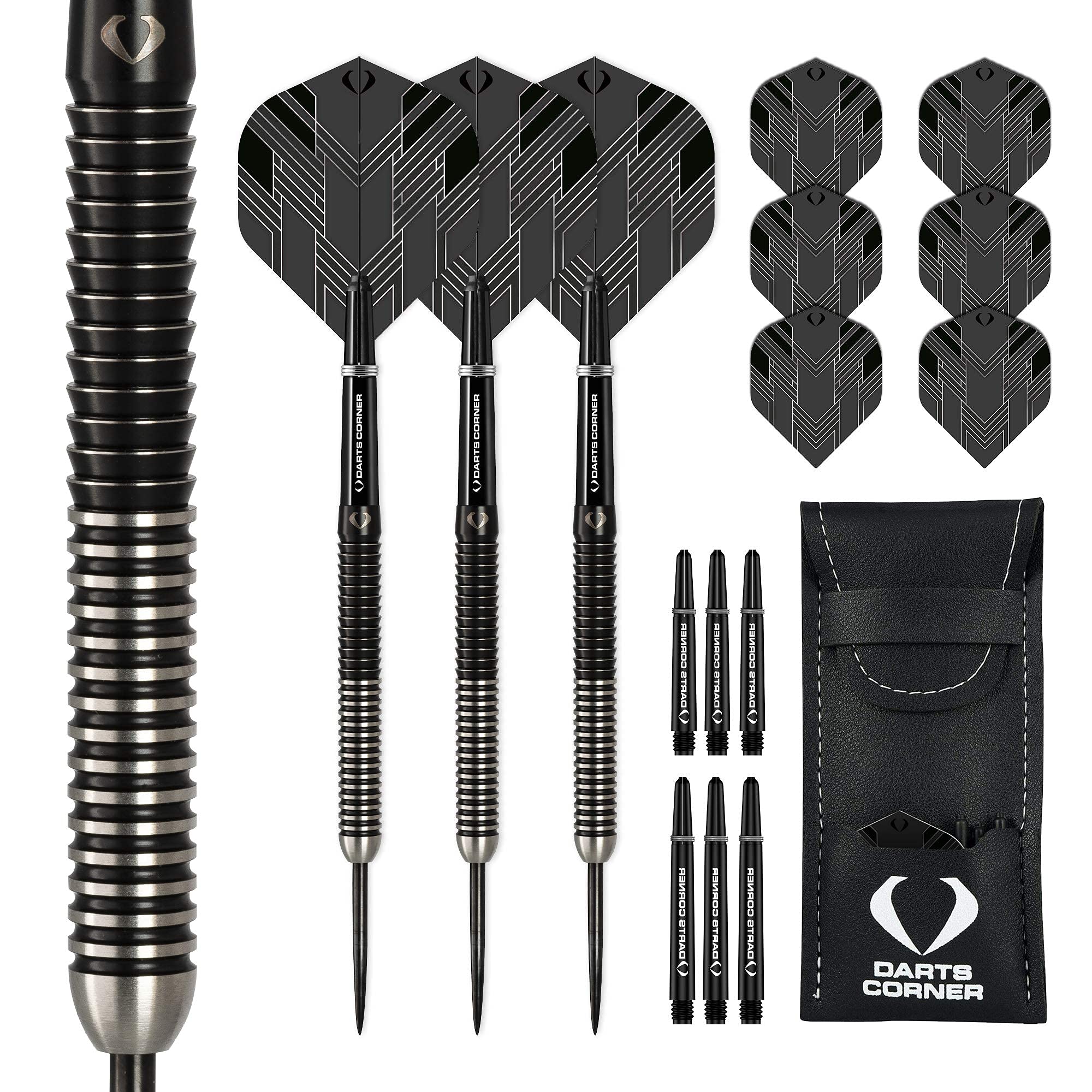 Darts Corner D0791 BlackFin | 26g Darts Set with Premium 90% Tungsten Straight Barrel and Steel Tip Including 6 Flights, 6 Stems, Checkout Card and Storage Case, M1,Black