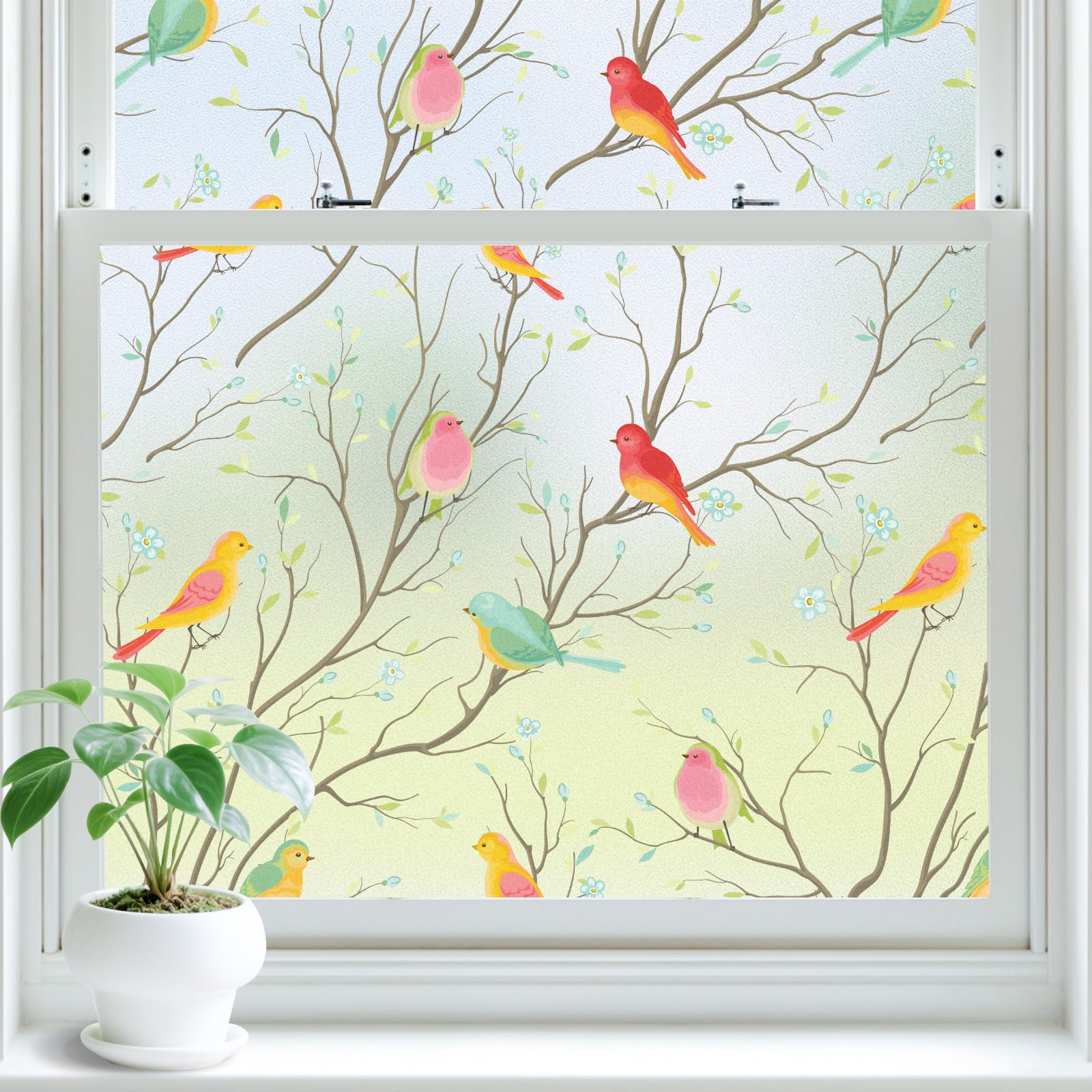 Lifetree Stained Glass Window Film Self Adhesive with Birds Pattern - Privacy Film for Glass Windows Static Cling No Glue, Anti UV Decorative Cover for Bathroom and Door (Frosted, 90 * 300cm)