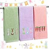 Moukeren 3 Pcs Easter Hand Towels Easter Bunny Carrot Decorative Towels 100% Cotton Embroidered Rabbit Soft for Bathroom Beach Kitchen Gift, 14 x 29 Inches