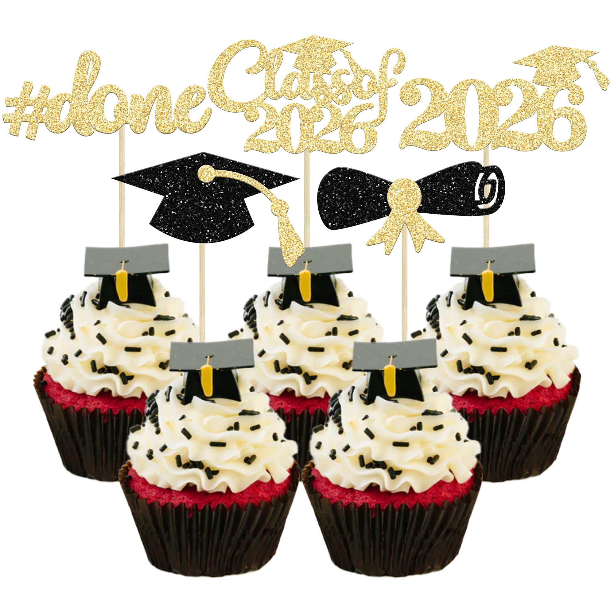 Gyufise 30Pcs 2026 Graduation Cupcake Toppers Gold and Black Glitter Class of 2026 Cake Toppers Graduation Done Cupcake Picks Grad Cap Diploma Cake Decorations for 2026 Grad Theme Party Cake — image 1