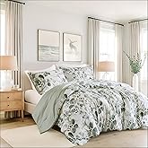 Regency Heights Lightweight Seersucker Botanical Comforter Set Queen Size, 3 Pieces Reversible Design with Striped Print, Premium Microfiber Bedding Set, Comforter and Sham Set, Green