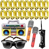 PLMMOUT 25 Pcs 80s 90s Party Decorations - Inflatable Boom Box, Microphone, Gold Chain Balloons, Mobile Phone, Glasses - Hip Hop Props