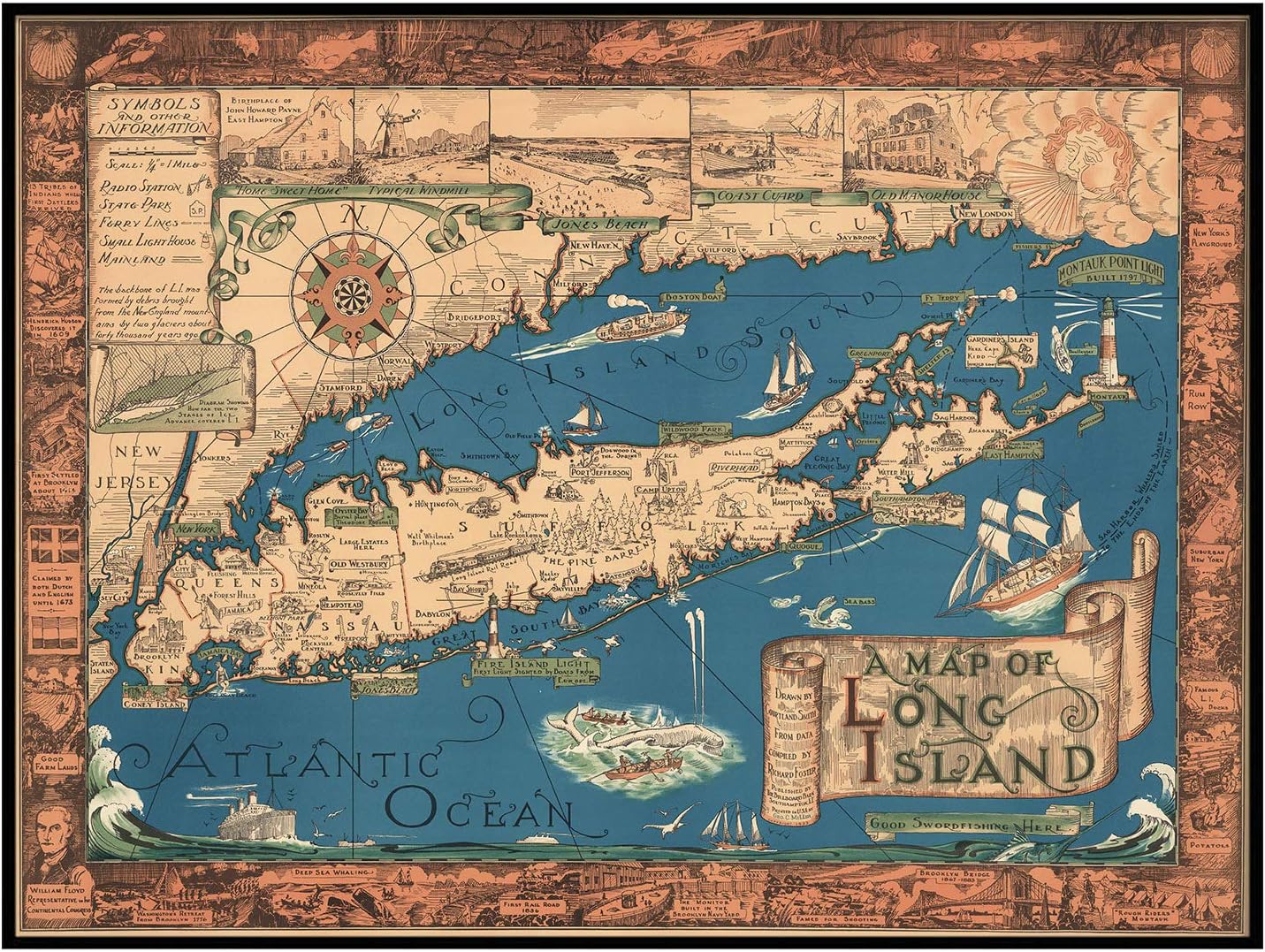 Amazon Com Map Of Long Island Classic Pictorial Historic Map 1933 Vintage Restoration Hardware Home Deco Style Old Wall Reproduction Map Print Posters Prints Old Map Of Long Island
