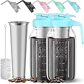 Cold Brew Coffee Maker Jar - 2 Pack 64 oz(2 Quart / 1.9 Liter) Glass Cold Brew Maker with Handle, Stainless Steel Filter&Leak-Proof Lid, Heavy Duty Cold Brew Pitcher for Iced Coffee, Sun Tea, and Milk