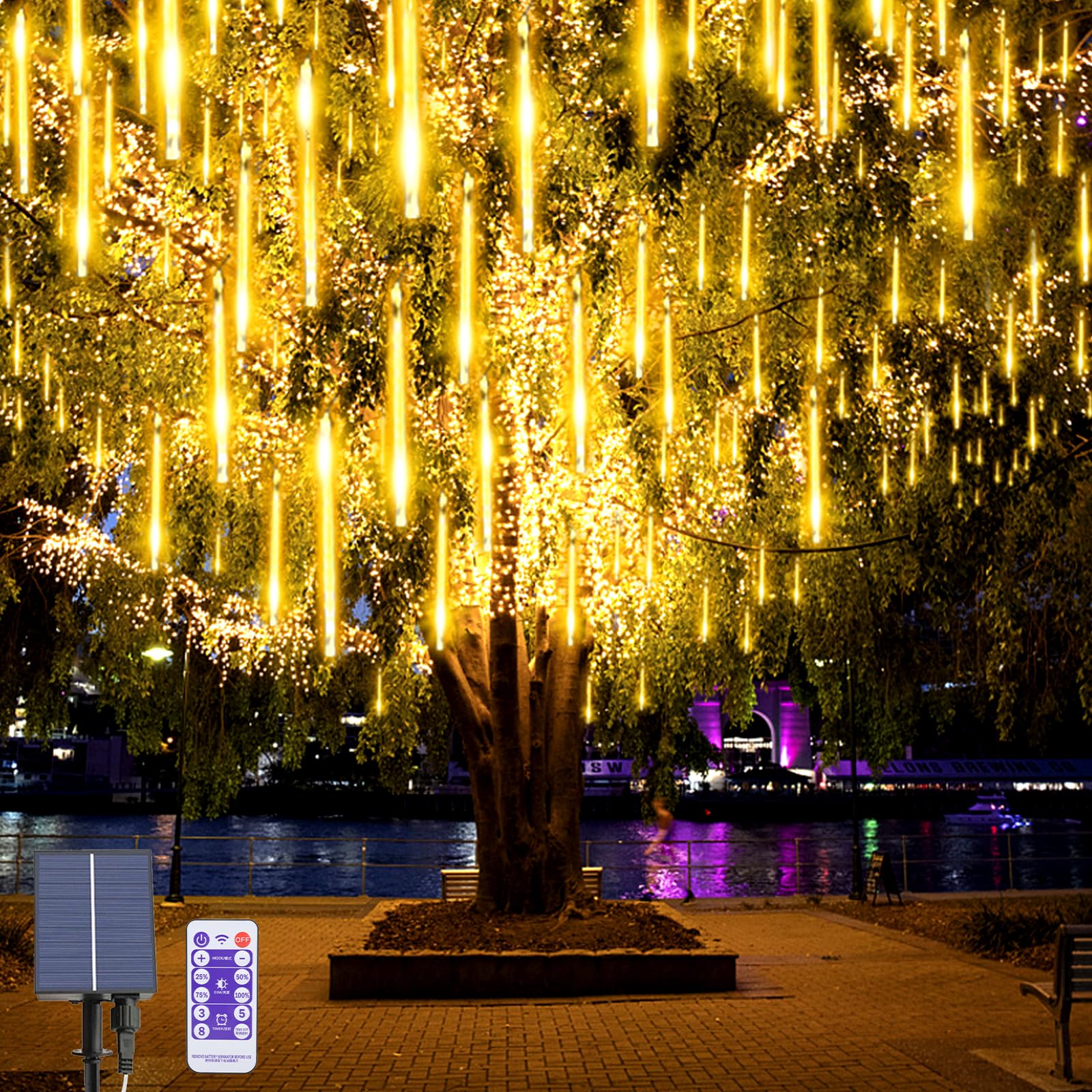 OPAHUTER Solar Meteor String Lights with Remote, 240 LEDs Falling Rain, 30cm 10 Tubes Meteor Shower Waterproof Snowfall for Party Wedding Garden Christmas Tree