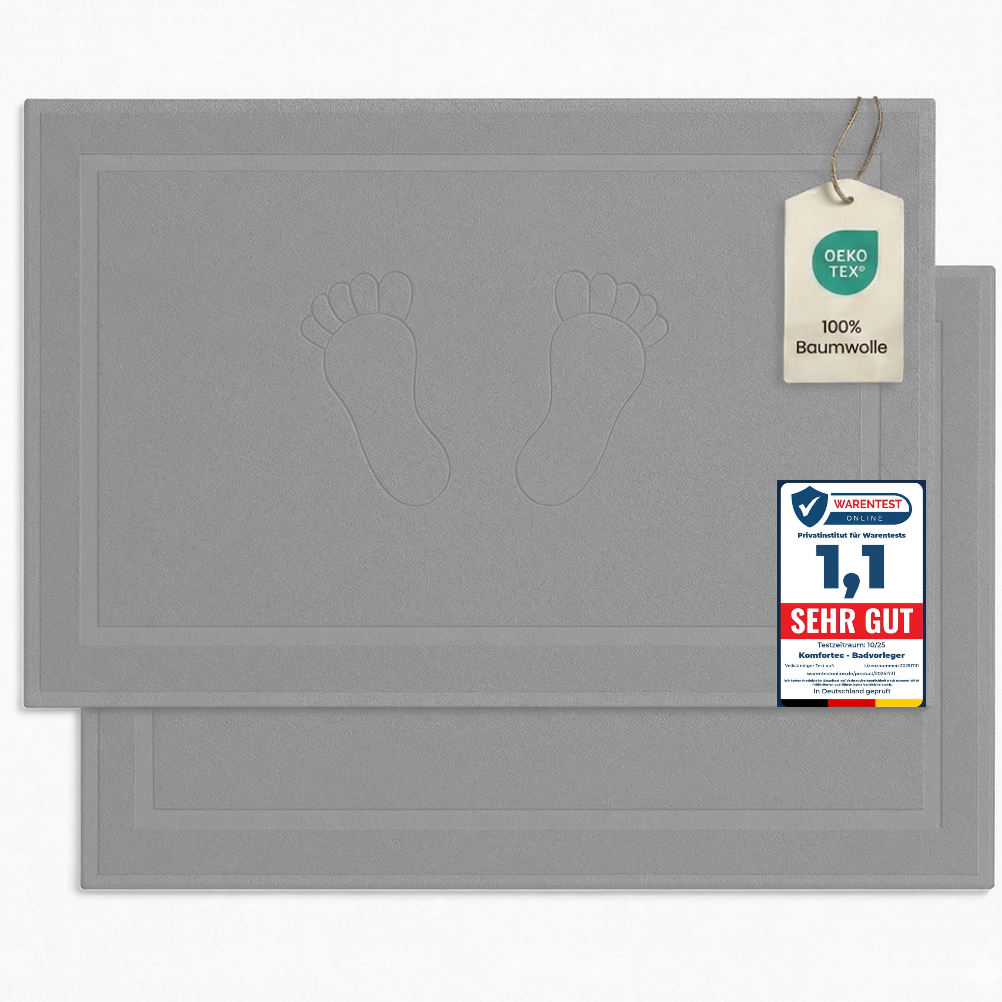 Komfortec Bath Mat 2 pcs,%100 Coton & 800 g/m², Washable, Absorbent, Quick Drying, 50 x 80 cm, Silver