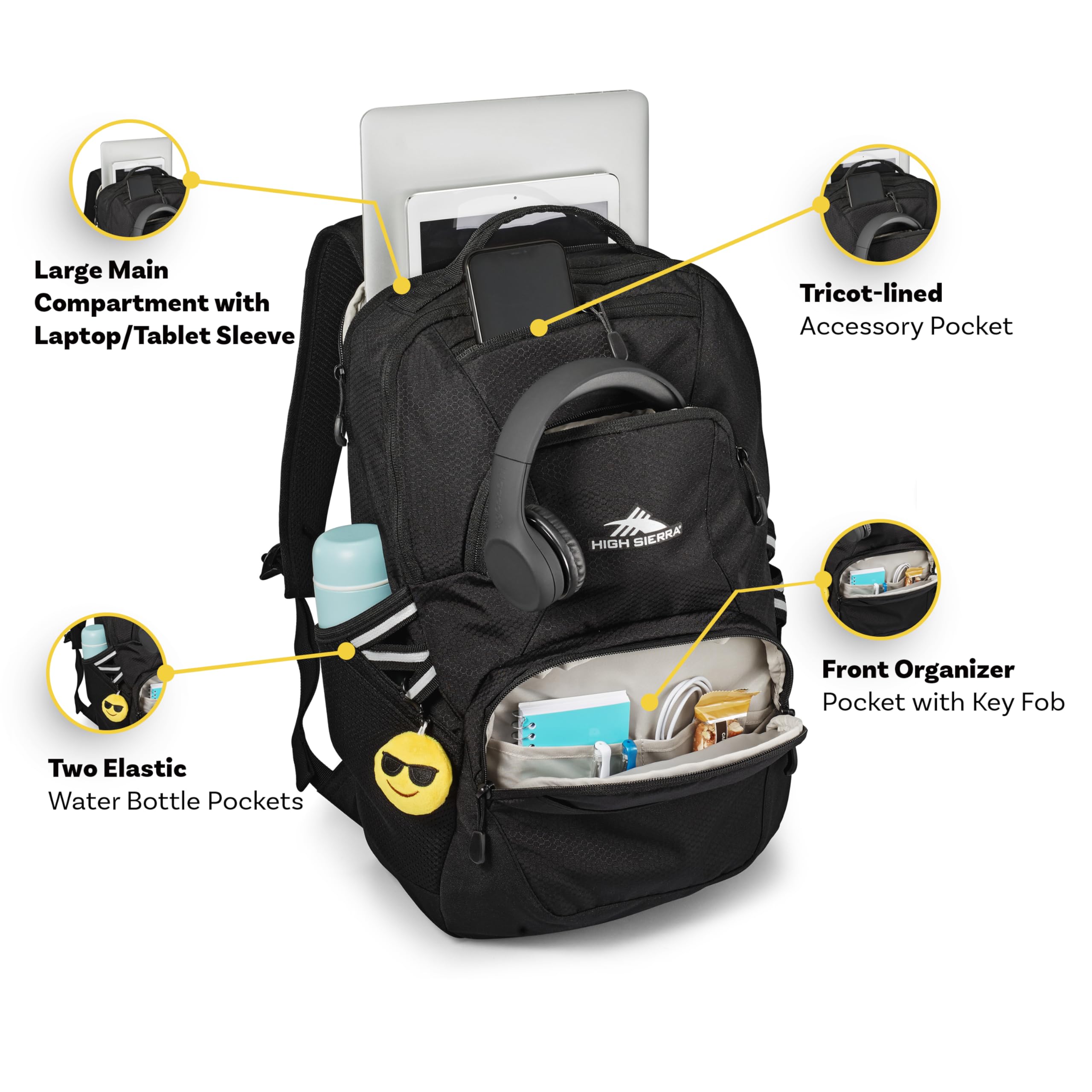High Sierra Swoop Backpack with Laptop Pocket + Tablet Sleeve, Fits most 17” Laptops, 30L, Black